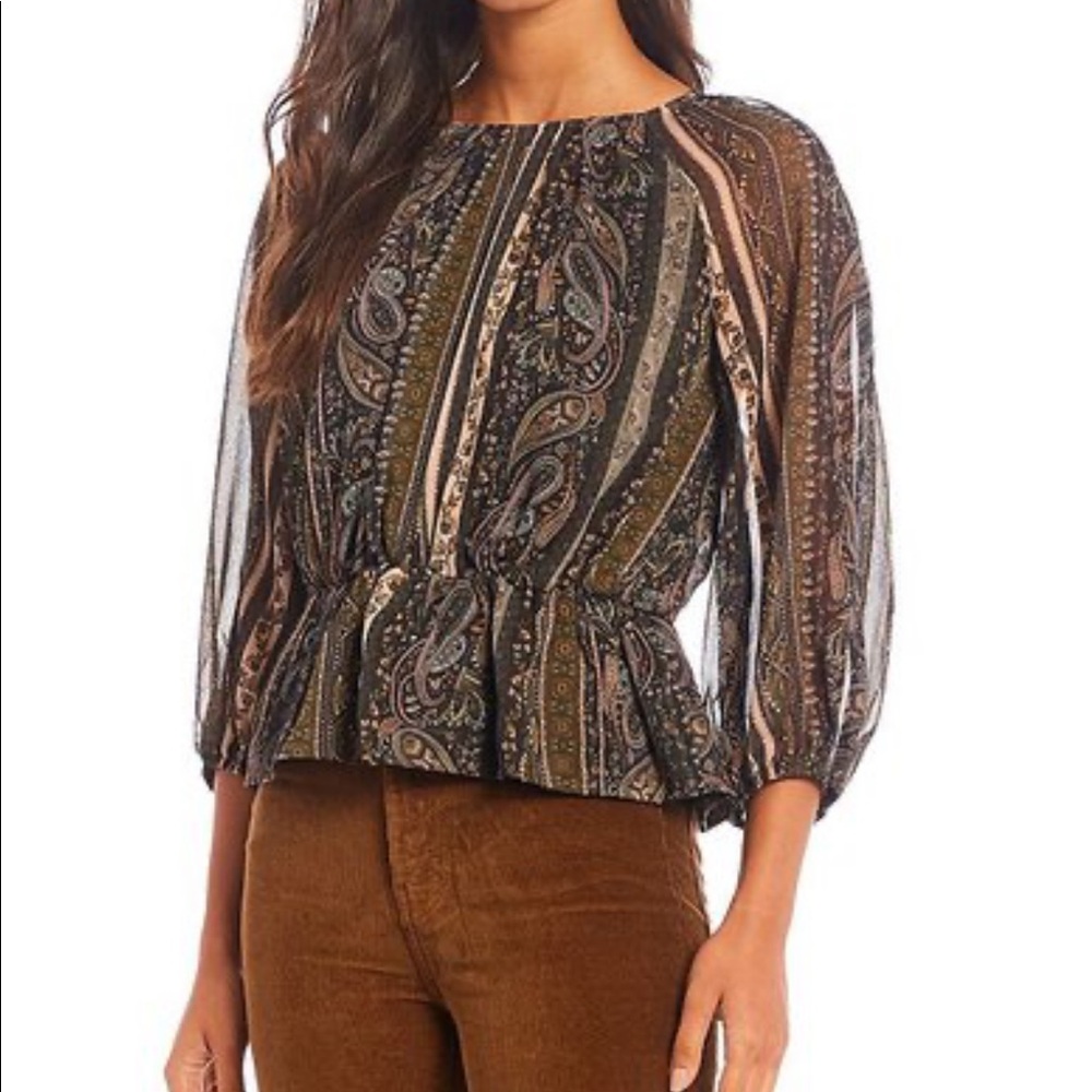 NWT Antonio Melani paisley print round neck long sleeve peplum linni blouse